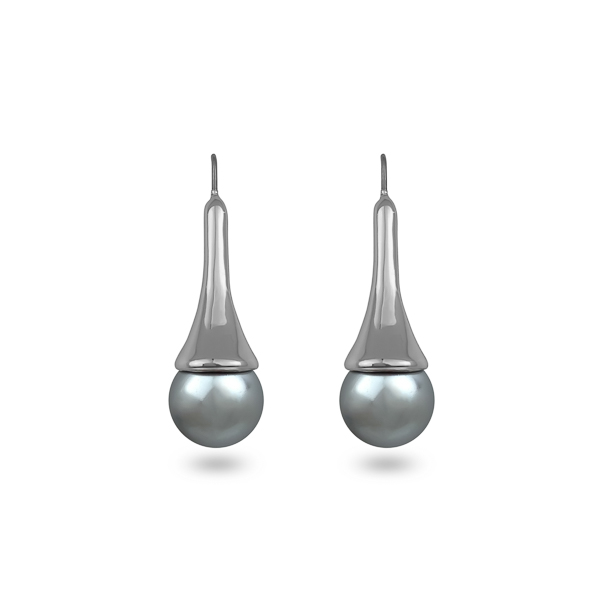 Rhodium Plated Gray Glass Pearl Earrings