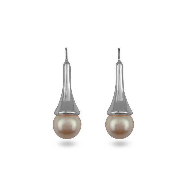 Rhodium Plated White Glass Pearl Earrings