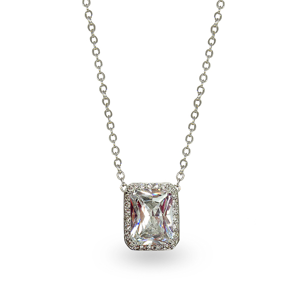 Rhodium Plated Classic Square Glass Stone and Crystal Necklace