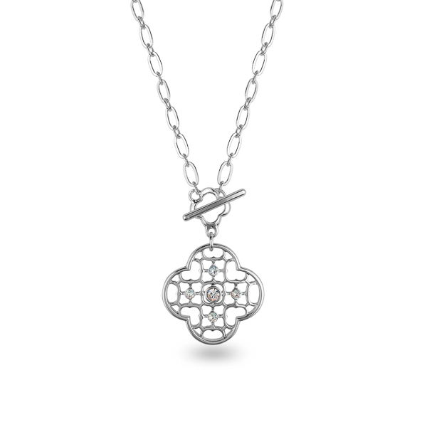 Rhodium Plated Crystal Flower Emblem Necklace