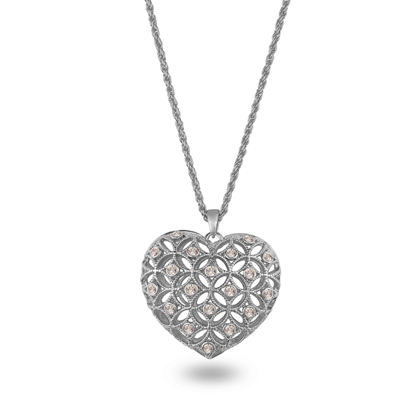 Rhodium Plated Crystal Net Heart Necklace