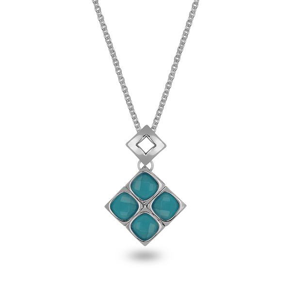 Rhodium Plated Blue Square Glass Stone Necklace