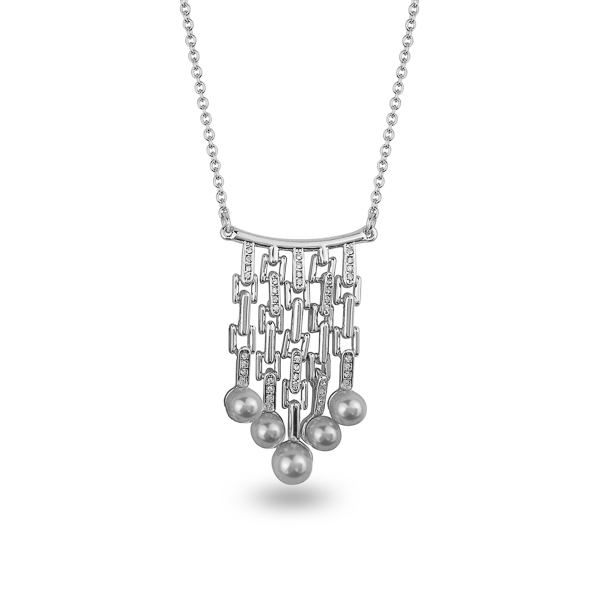 Rhodium Plated Dangling Pearls Crystal Necklace